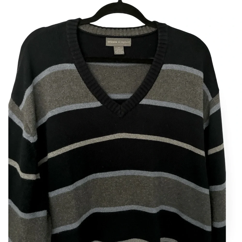 Tricots St Raphael V-Neck Cotton Long Sleeve Striped Sweater 3X Navy Quality